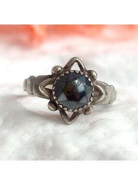 Art Deco Hematite Round Cut Star Sterling Silver 925 Vintage Ring - sz 5.75
